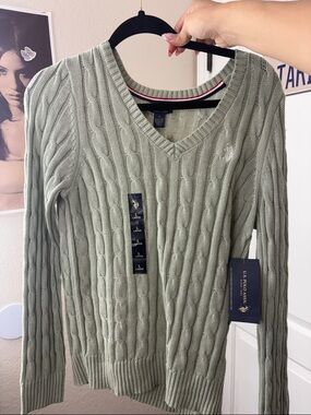 Ralph Lauren Light Sage Cable Knit V-Neck Sweater